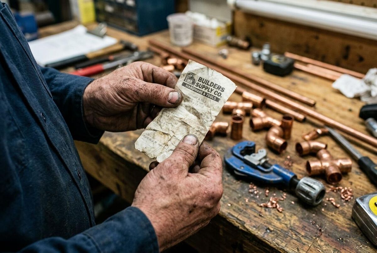 Close-up of receipts and materials invoices on a workshop bench