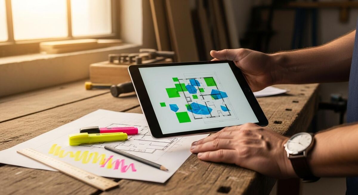 Estimator reviewing AI-generated takeoff numbers next to a paper drawing