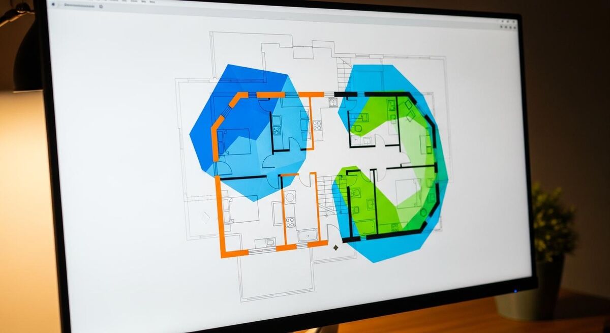 Architect floor plan with highlighted room boundaries detected by AI
