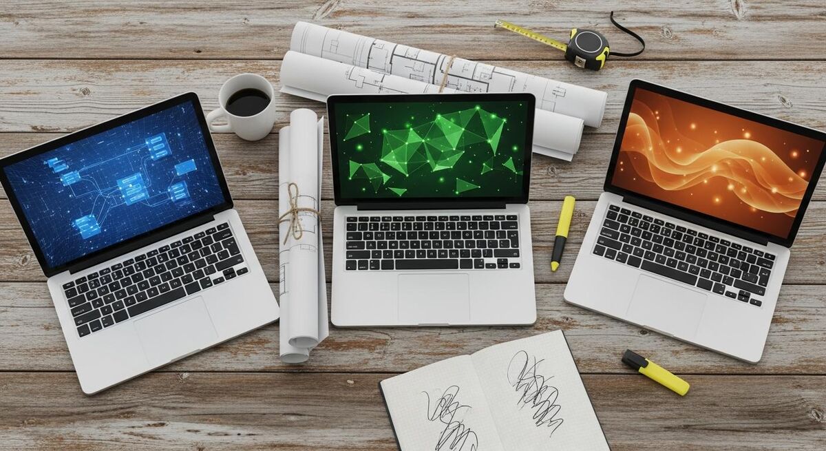 Side by side laptop screens showing different takeoff software interfaces