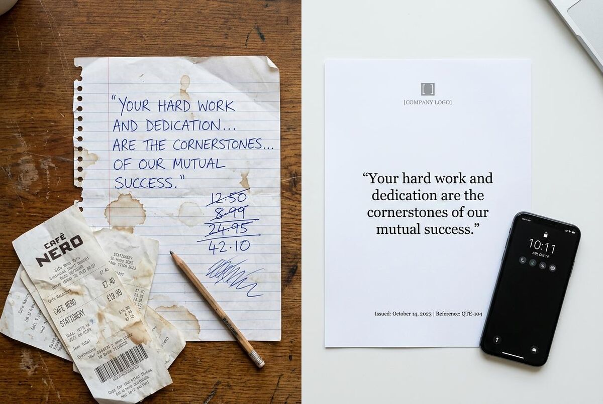 Split image comparing handwritten notes with a professional formatted quote