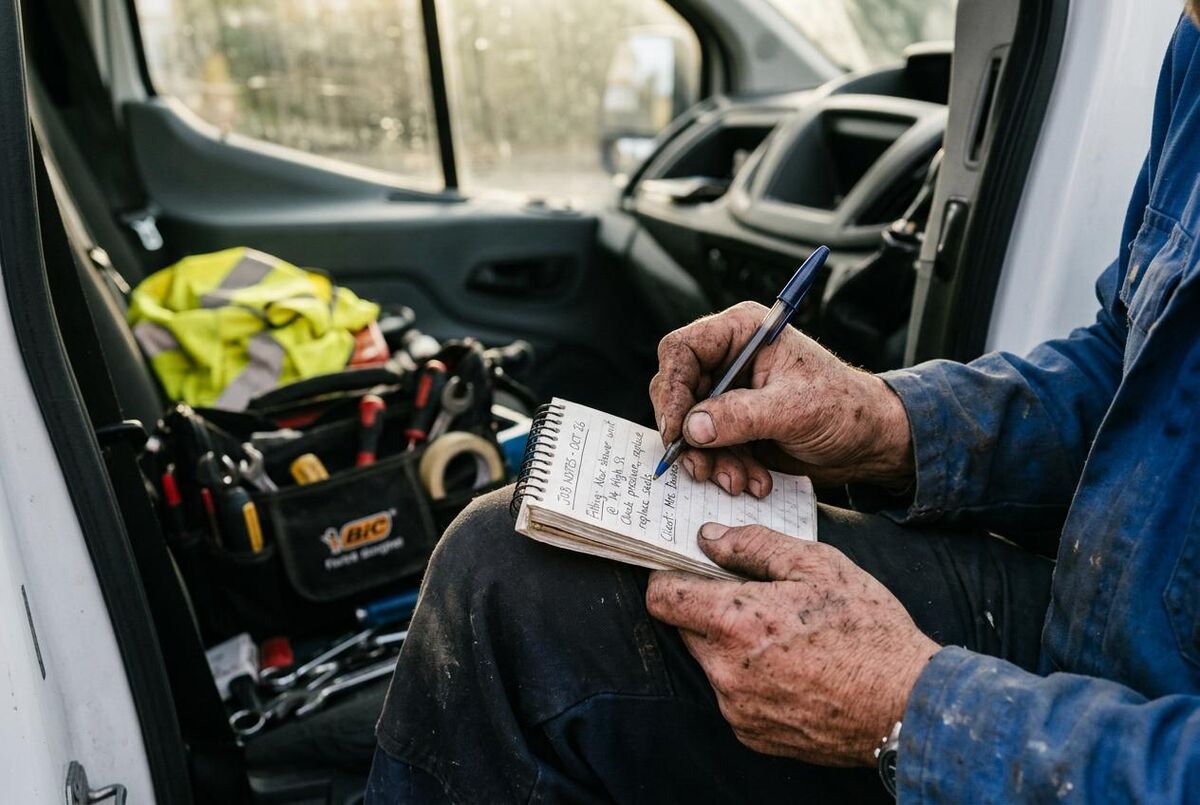 Tradesperson writing job notes in a van after a site visit