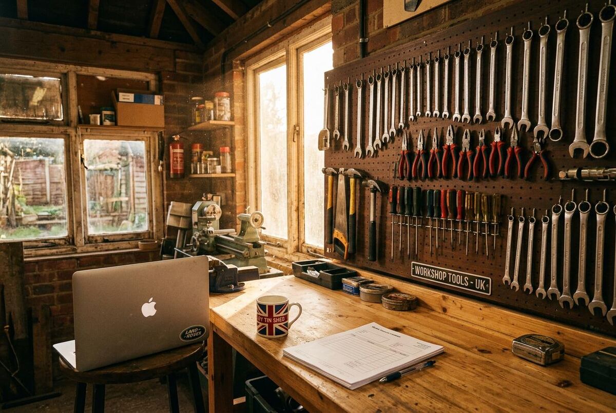 Tidy UK workshop at golden hour with tools organised on a pegboard wall