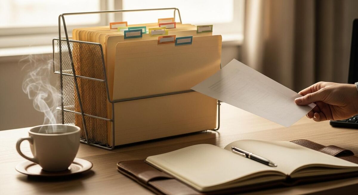 An organised desk with neat manilla folders, a coffee cup, and a notebook in the foreground