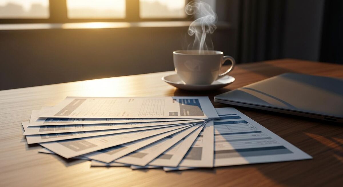 Pile of printed invoices on a wooden desk next to a coffee cup and a closed laptop, golden hour light from a window