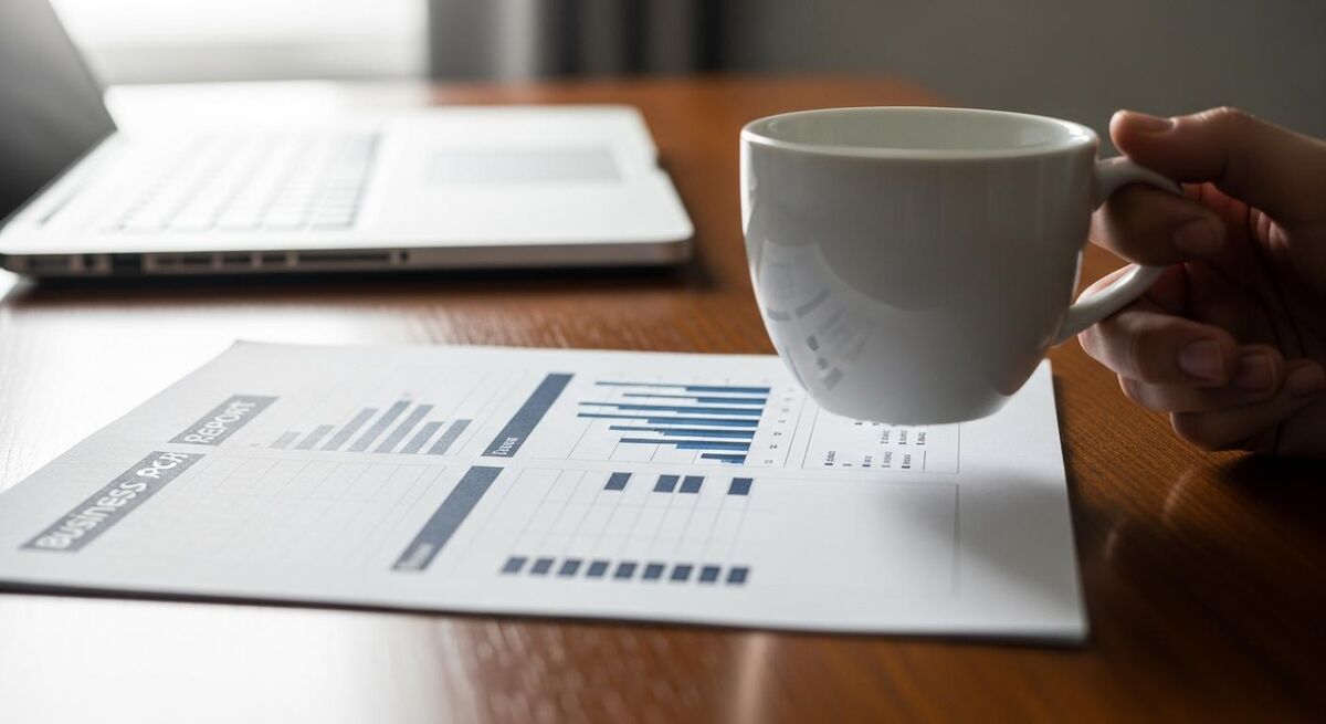 Close-up of a hand holding a coffee mug next to a printed weekly business report on a tidy desk, no readable text on the document