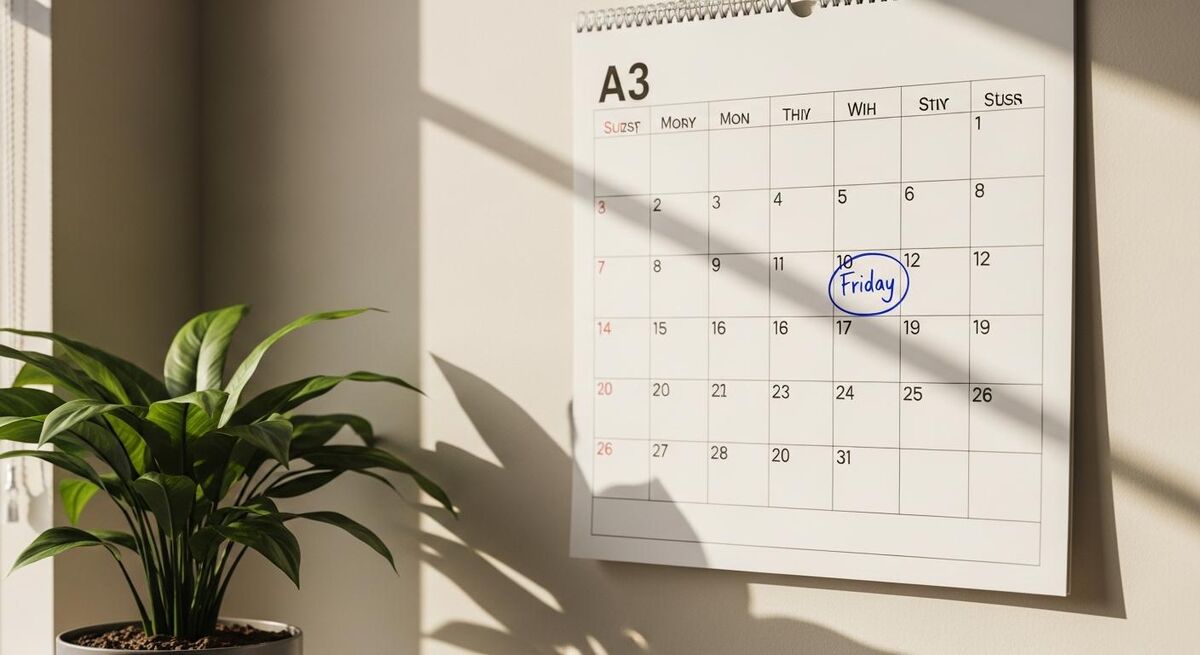 A wall calendar on an office wall with one Friday circled, plant in the foreground