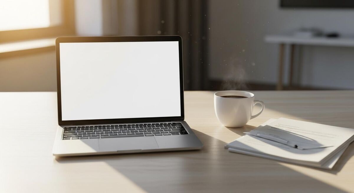 A clean modern workspace with a Mac laptop on a wooden desk, a coffee mug, and a printed pile of invoices to one side