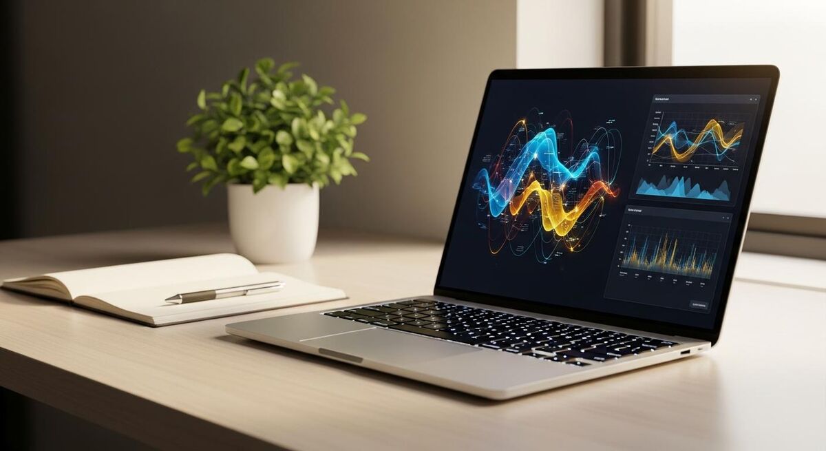 Laptop showing abstract colourful charts and data visualisations on screen, photographed from an angle