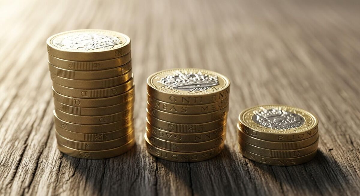 Three stacks of coins of different heights on a wooden surface, representing cost tiers