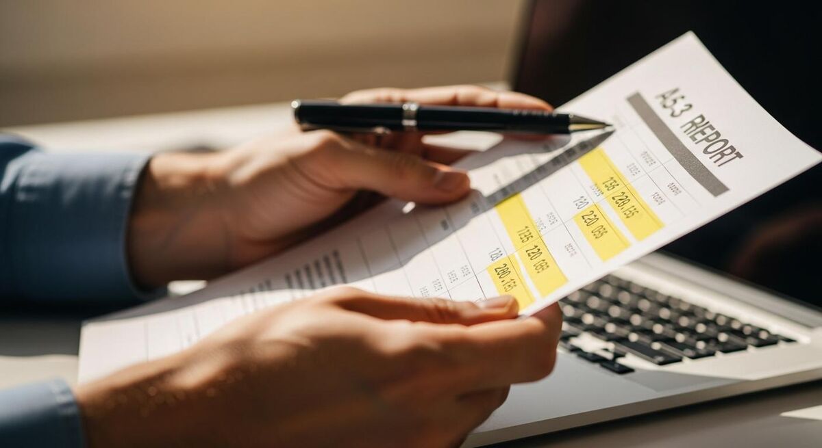 Close-up of hands holding a printed report with highlighted numbers, a pen resting on the page
