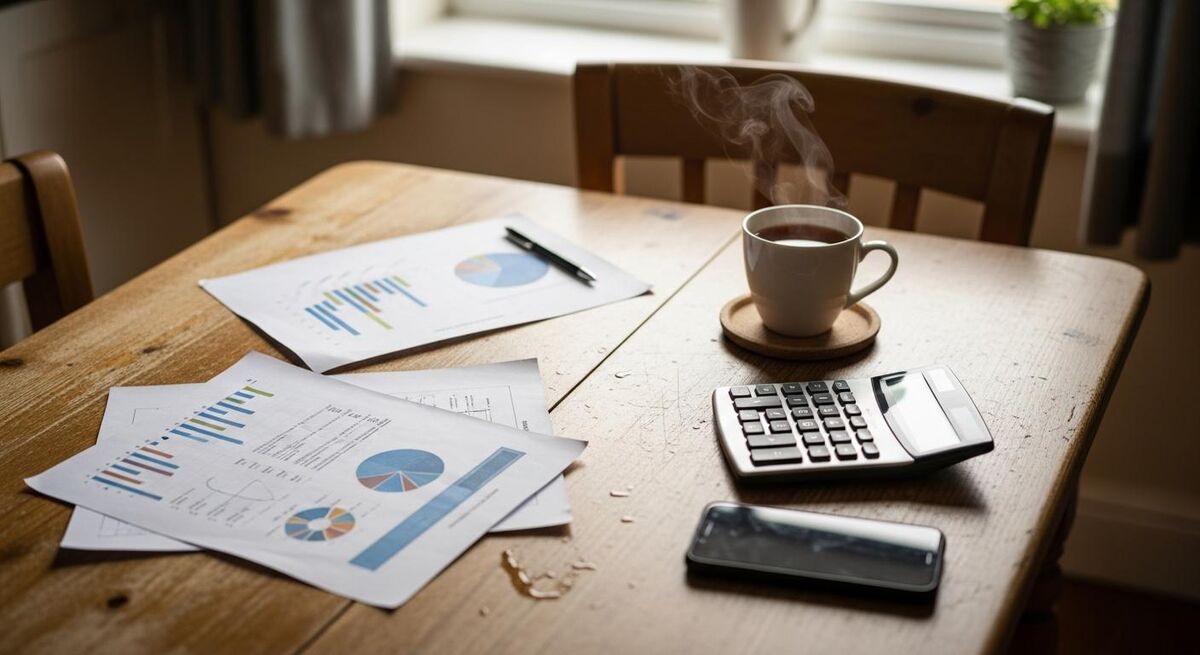 Tradesperson reviewing financial documents at a kitchen table with a laptop