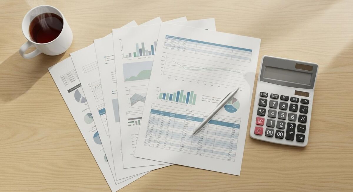 Overhead view of a desk with printed financial reports, a calculator, and a cup of tea