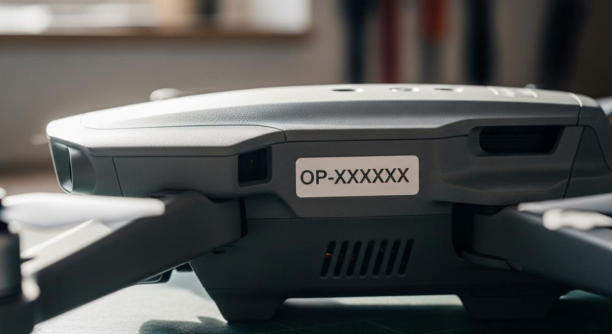 A close-up of a drone with the operator ID number printed on a small label on the body