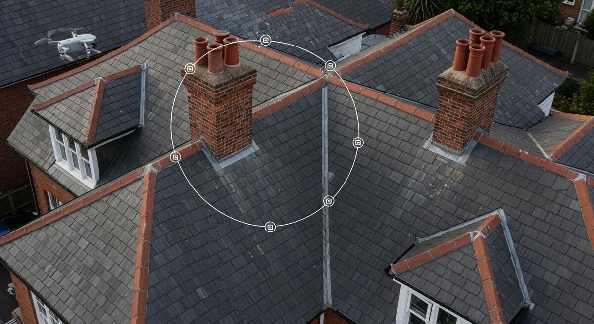 Aerial view down onto a slate roof showing the path a drone takes during a survey, with overlapping image positions marked at the corners and along the ridge
