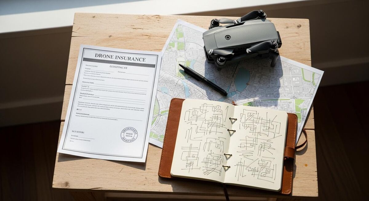 A drone insurance certificate, public liability paperwork, and a pre-flight log book on a desk