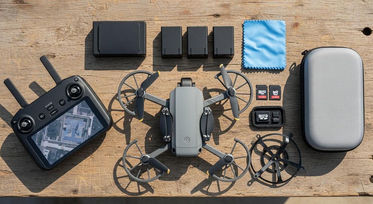 Drone, controller, three spare batteries, microSD cards, and a microfibre cloth laid out on a workshop bench