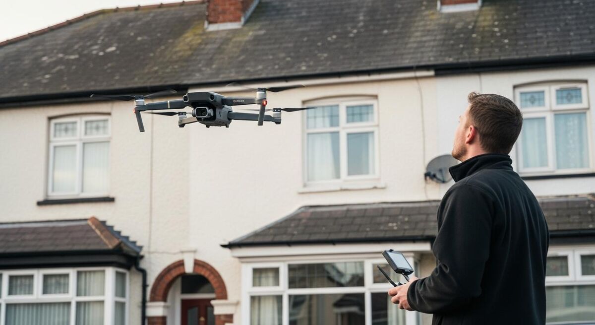 A sub-250g drone hovering at eaves height while a tradesperson reviews live footage on a controller