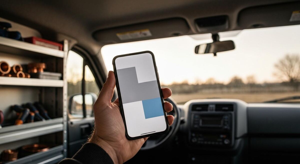 Phone screen showing a finished Instagram caption ready to publish, hand holding the phone in a van