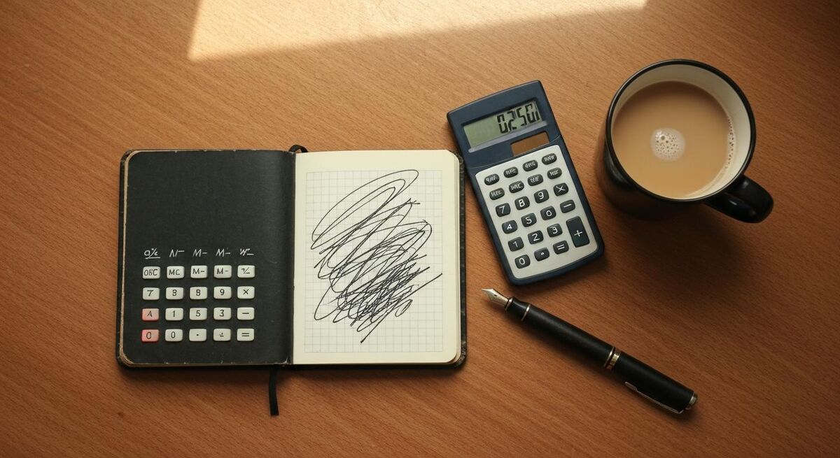 Notepad and calculator on a desk with a coffee, abstract numbers visible