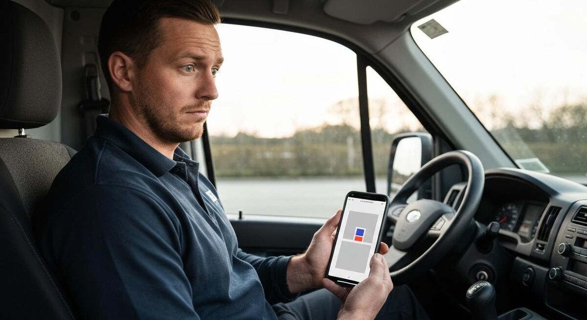 Tradesperson looking at a phone with an Instagram profile page open, frustrated expression