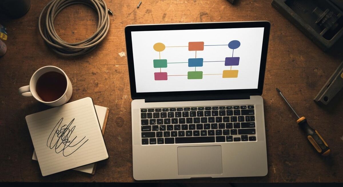 Laptop on a workshop bench with a Make.com style automation diagram on screen