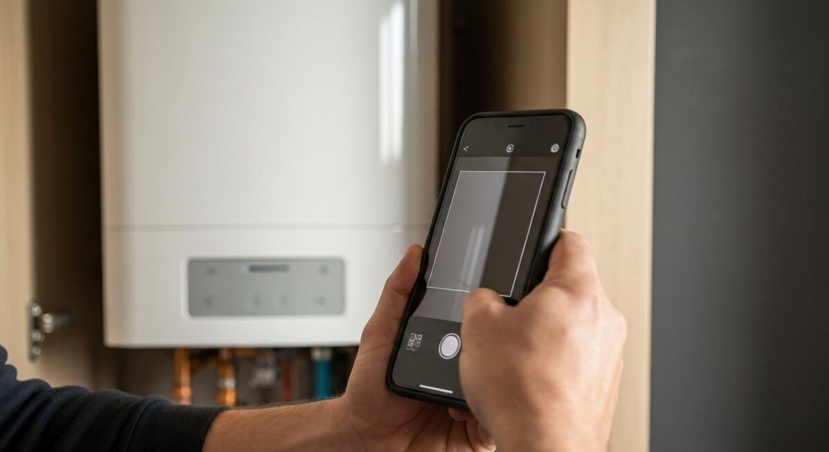 Engineer photographing a finished boiler installation on a phone