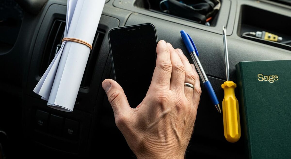 Tradesperson reading a customer message on a phone in a van