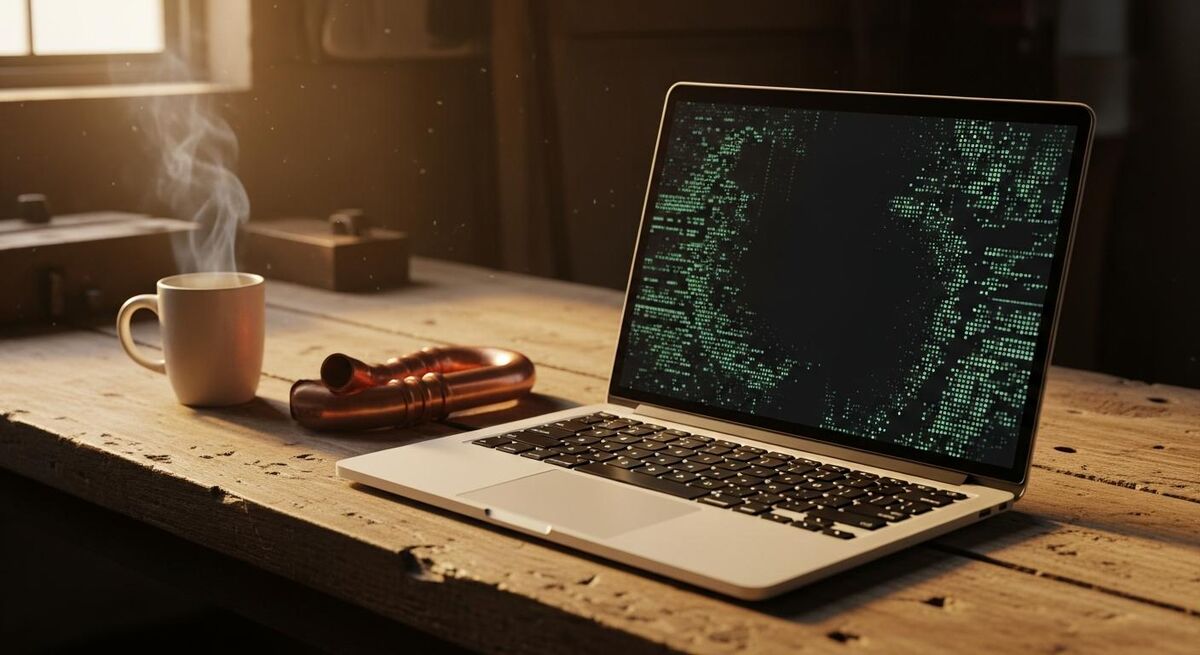 Laptop showing a terminal window with green text on a workshop bench
