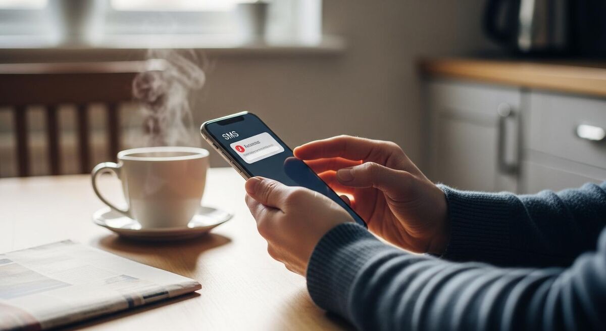 Customer's phone receiving a personalised review request SMS on a kitchen table