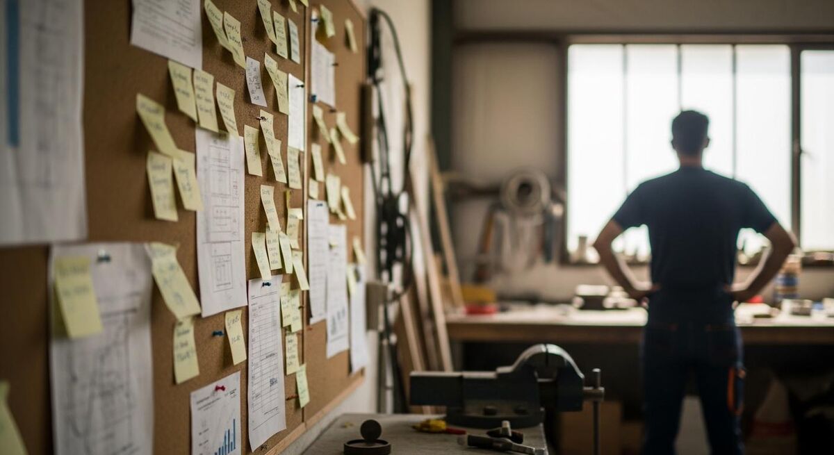 Tradesperson at a cluttered workshop bench surrounded by handwritten notes and paperwork