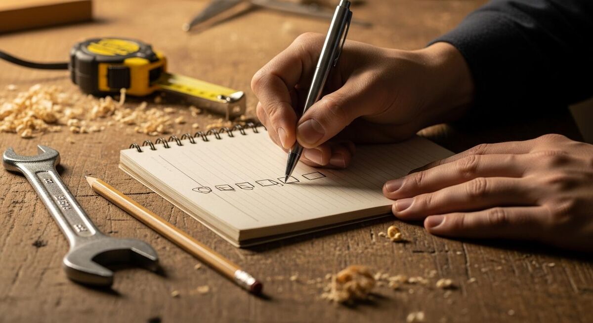 Hand writing a simple checklist in a notebook on a workbench beside hand tools