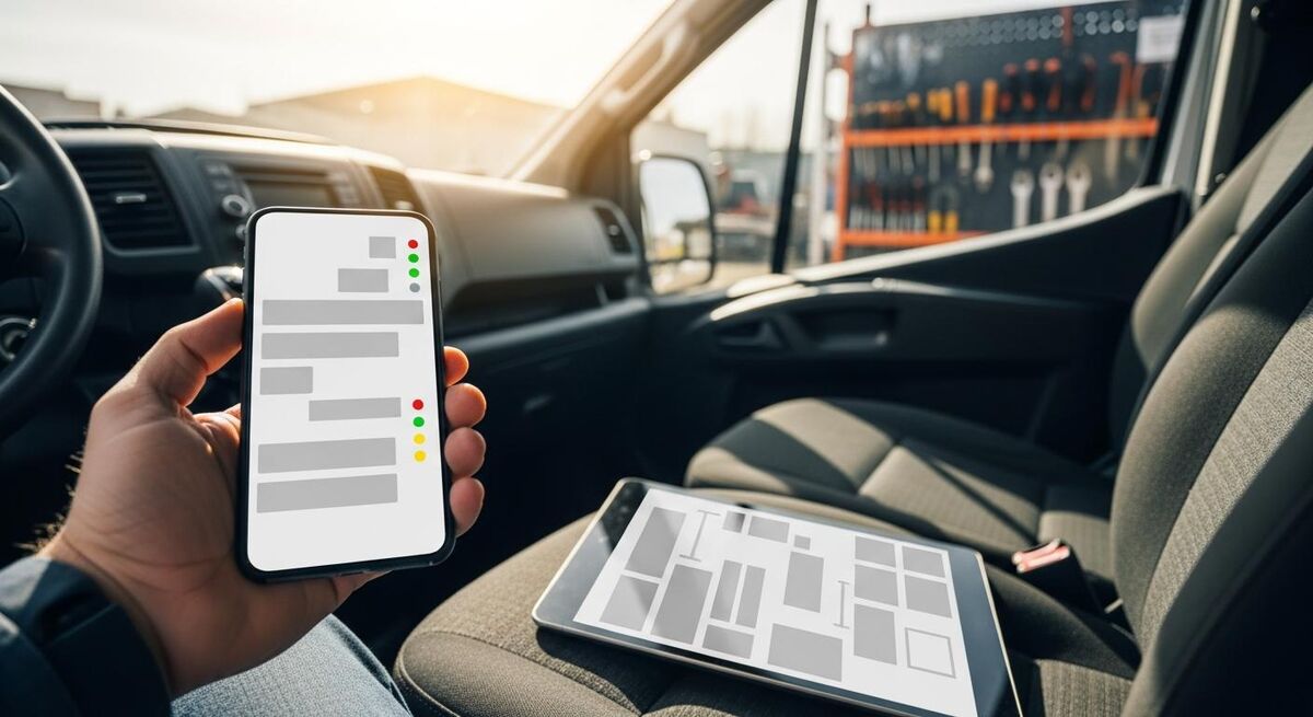 Engineer checking a phone and tablet in a van showing a simple shared checklist app