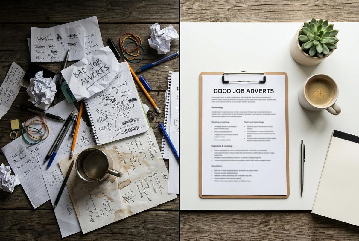 Split comparison showing a vague job advert versus a detailed, salary-inclusive trade job advert