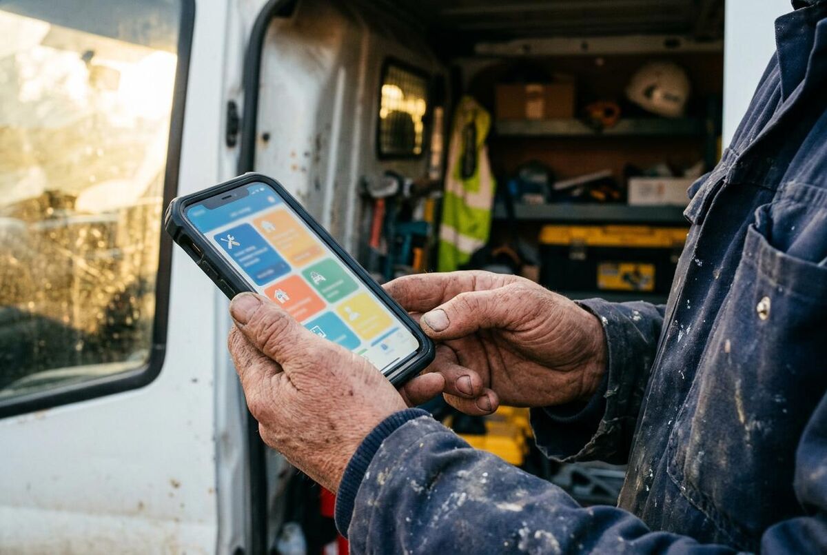 Tradesperson hands holding a phone by their work van