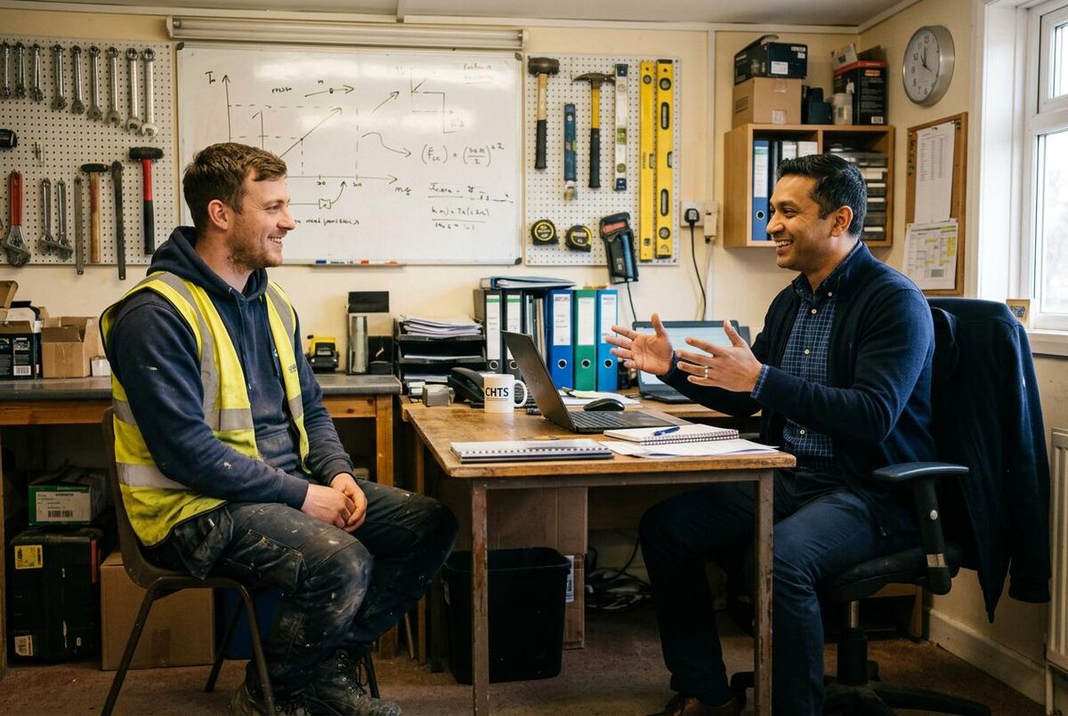 Two people having a conversation in a workshop setting