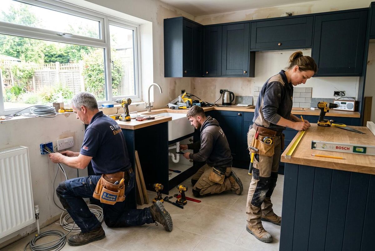 Mixed-age team of tradespeople working together in a residential kitchen