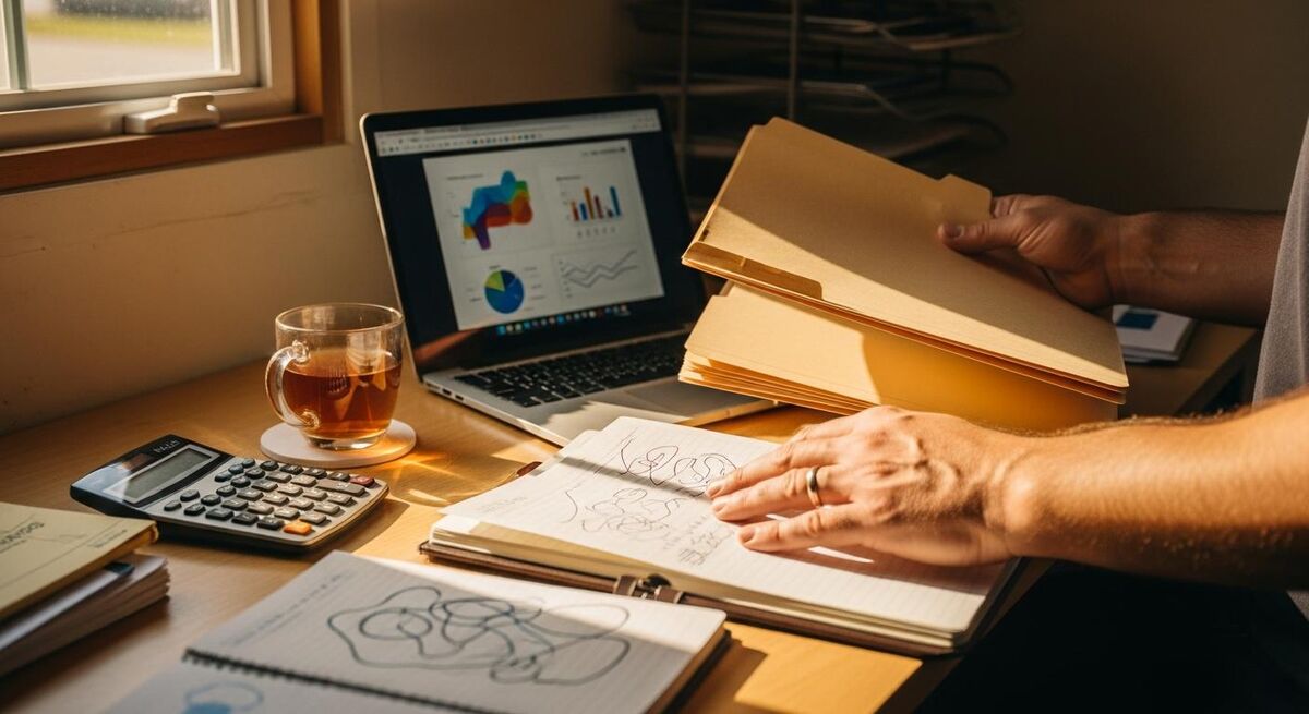 Engineer at a tidy desk reviewing folders of project paperwork next to a laptop