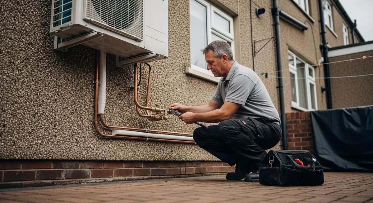 Engineer working through pipework geometry around a retrofitted air-source heat pump on a domestic property