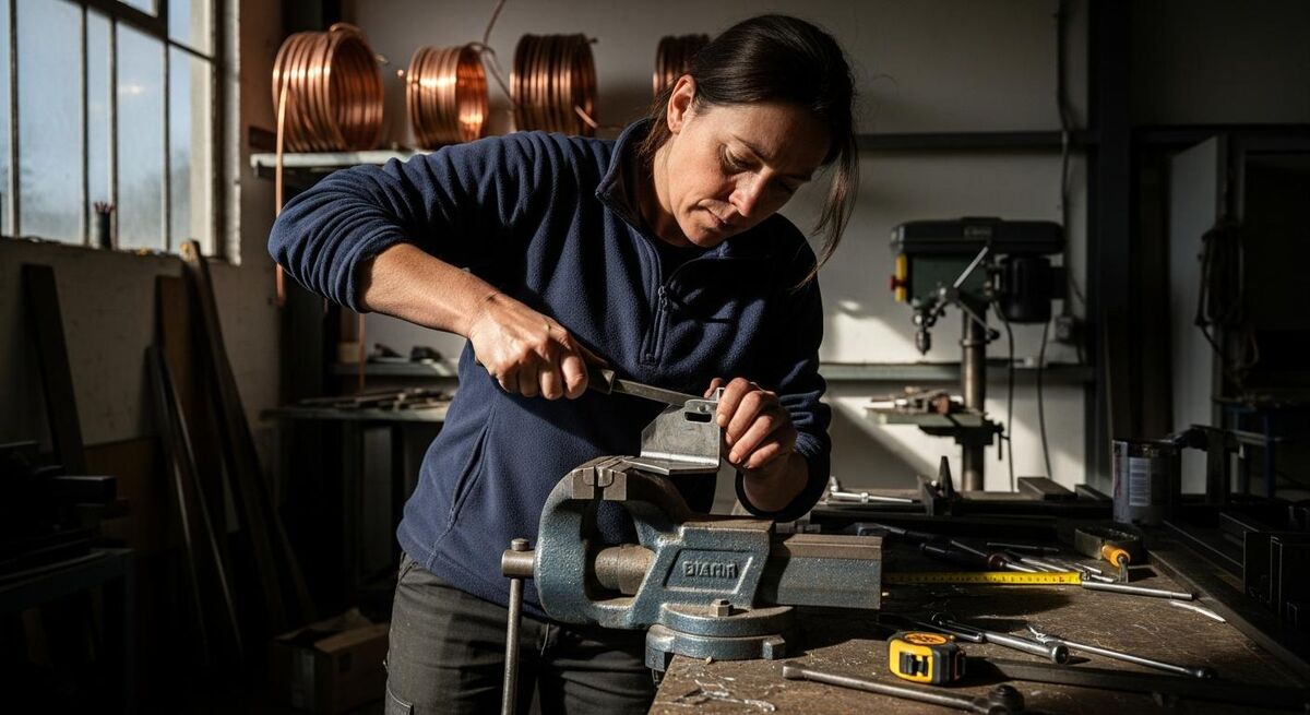Trades engineer in a small workshop fabricating a custom bracket on a bench