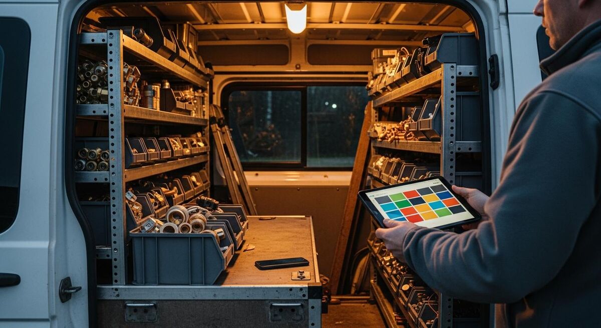 Tradesperson reviewing a tablet at the back of a parts van surrounded by stock bins