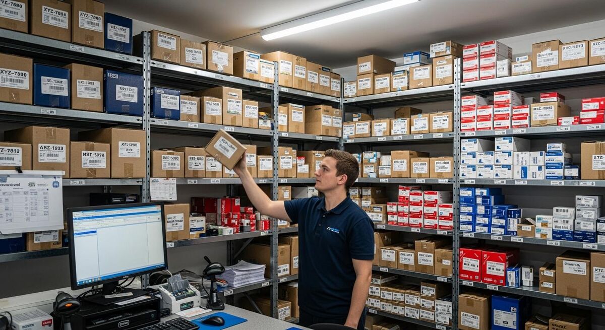 Trade counter shelving stacked with branded automotive parts boxes in a regional dealer parts department