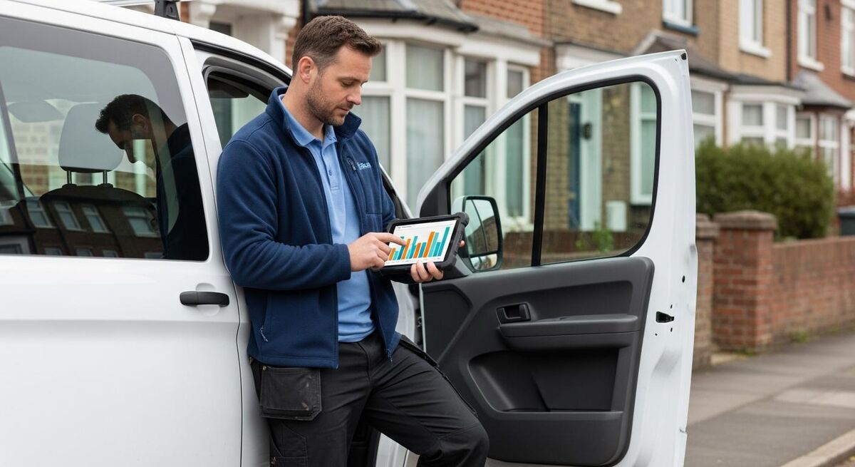 Field engineer reviewing job costs on a tablet outside a customer property