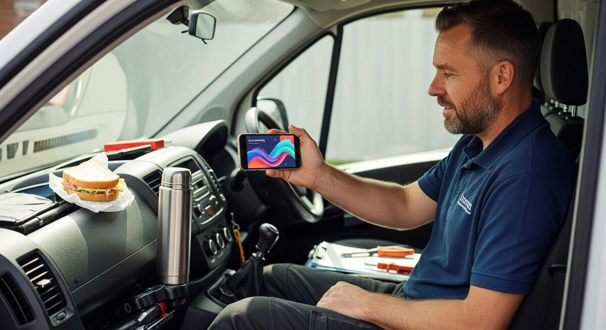 Engineer using a tablet learning app in a van between jobs