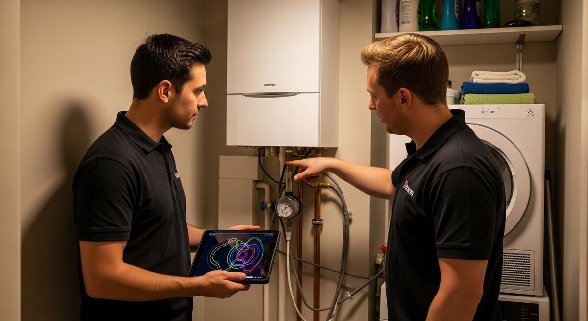 Two heating engineers reviewing a tablet while standing beside a boiler