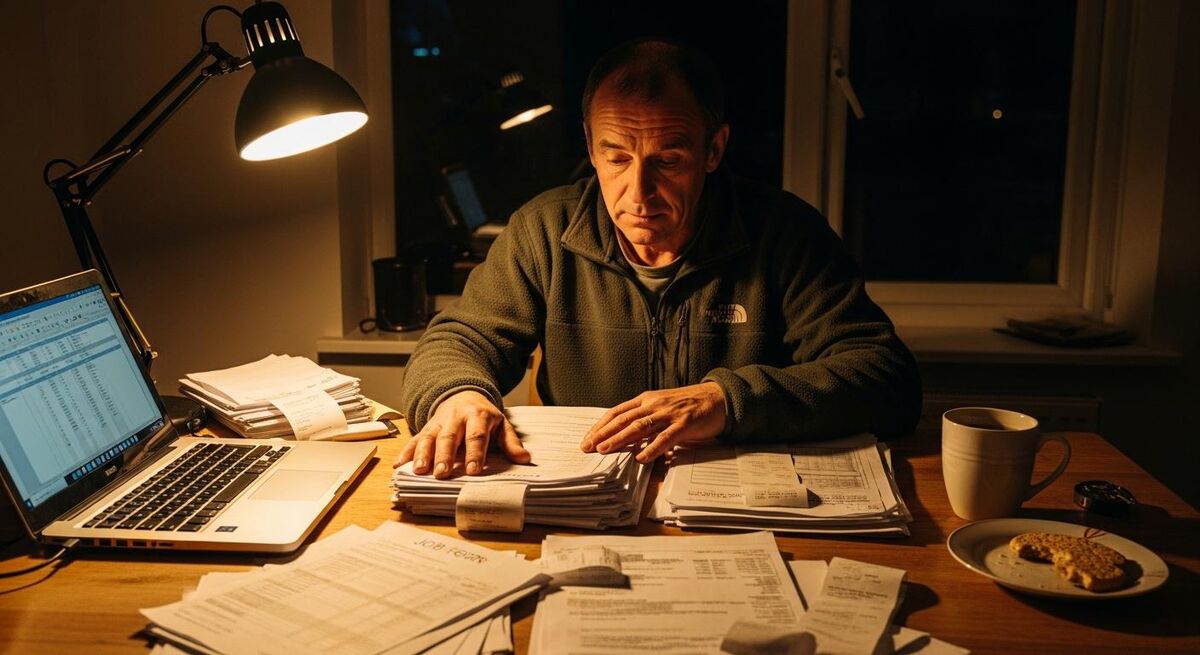 Trades business owner sorting paper invoices and job sheets on a kitchen table at night