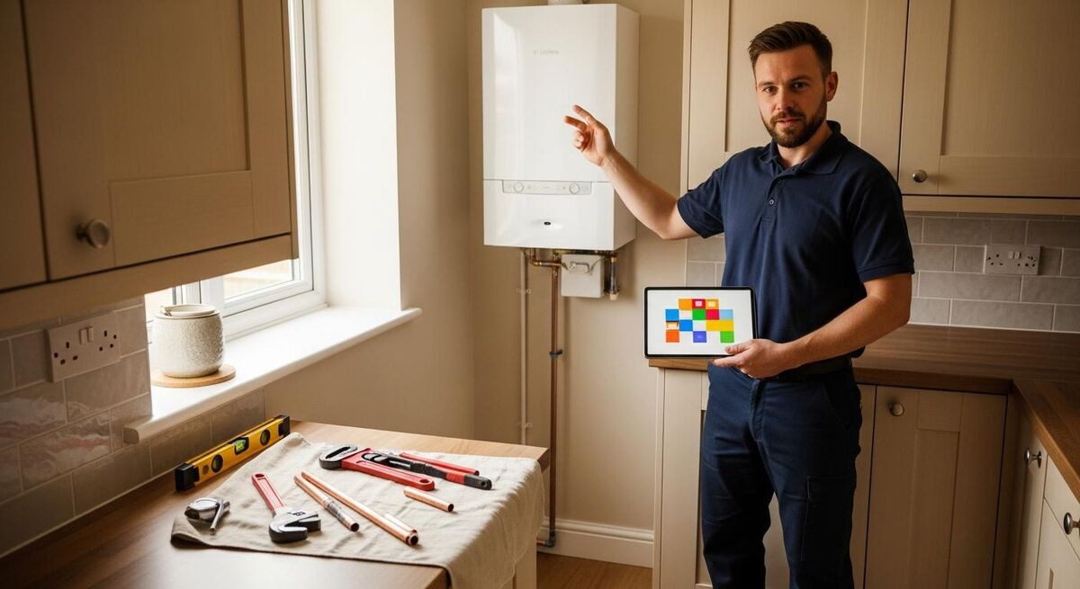 Plumber holding a tablet on a job site, marking a boiler installation complete in field service software