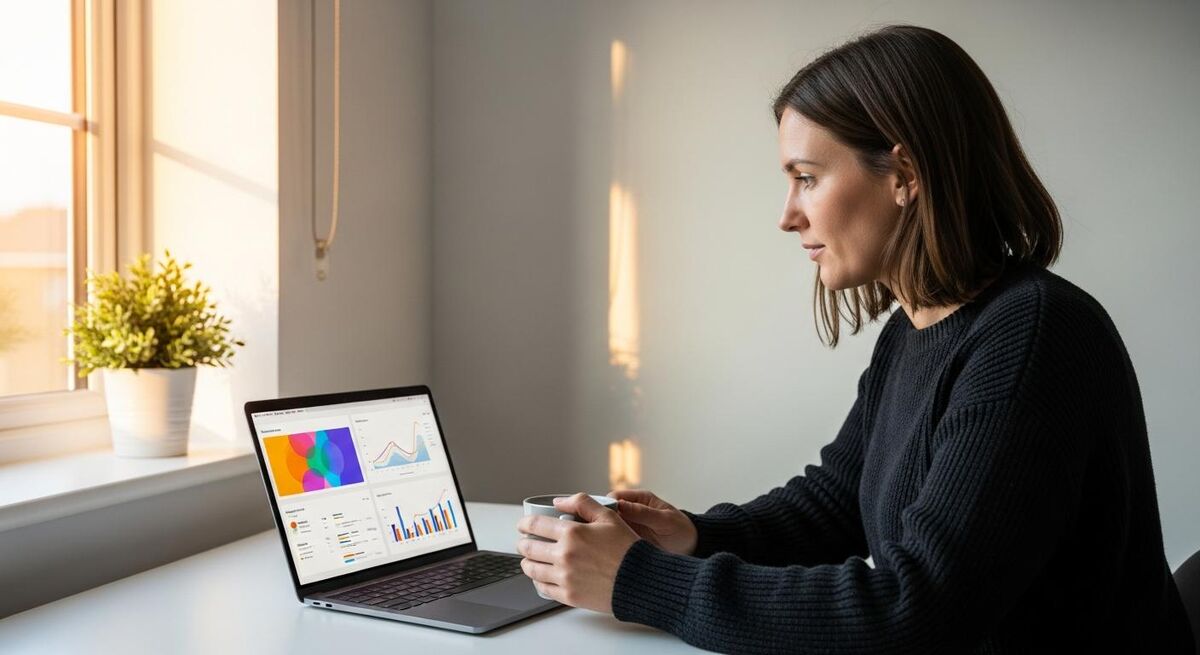 Tradesperson at a desk using a laptop with a coffee, organising contractor records