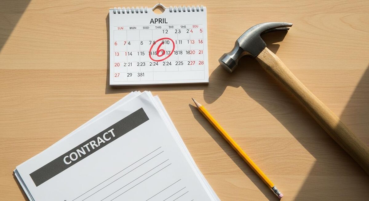 UK calendar showing April 2026 marked, with construction documents on desk