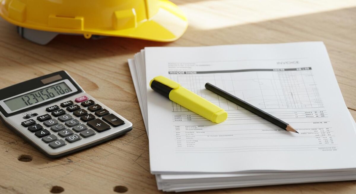 Construction Industry Scheme paperwork and tax forms on a builder's desk